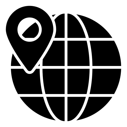 Minimalist black and white globe icon with a location pin representing the strategic deployment of international educators into U.S. school districts through the Blue Blood Global Transfer Network.