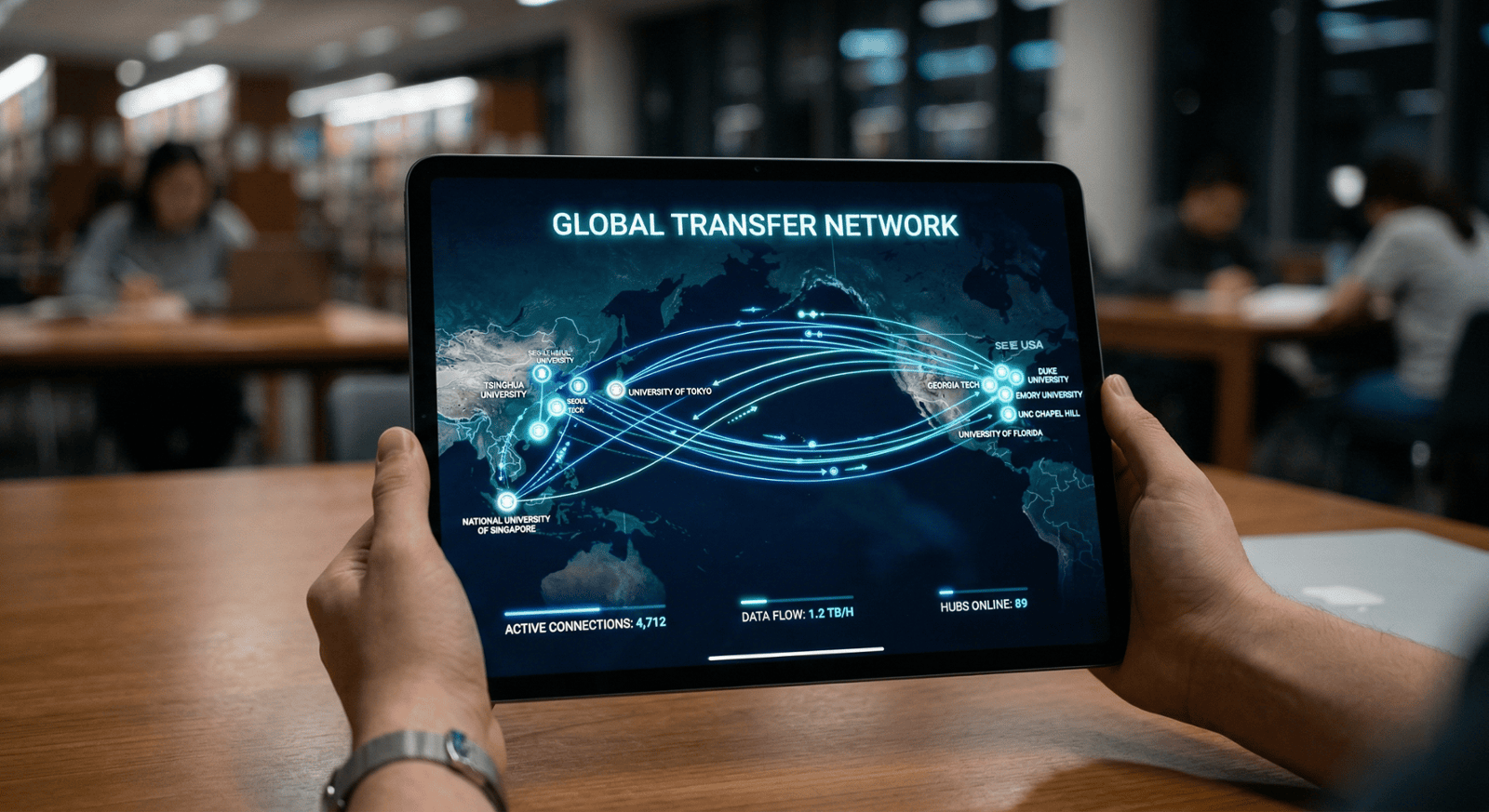 Digital visualization of the Global Transfer Network connecting international academic achievements with U.S. institutional growth.