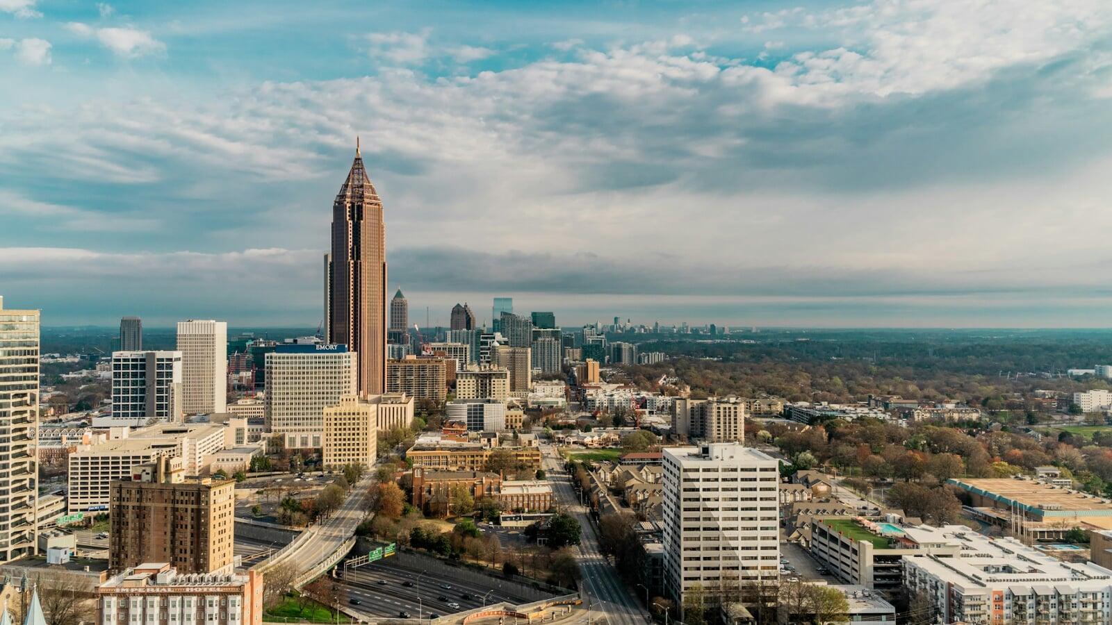 High-angle view of downtown Atlanta Georgia, a high-demand market for licensed electricians and skilled trade professionals.